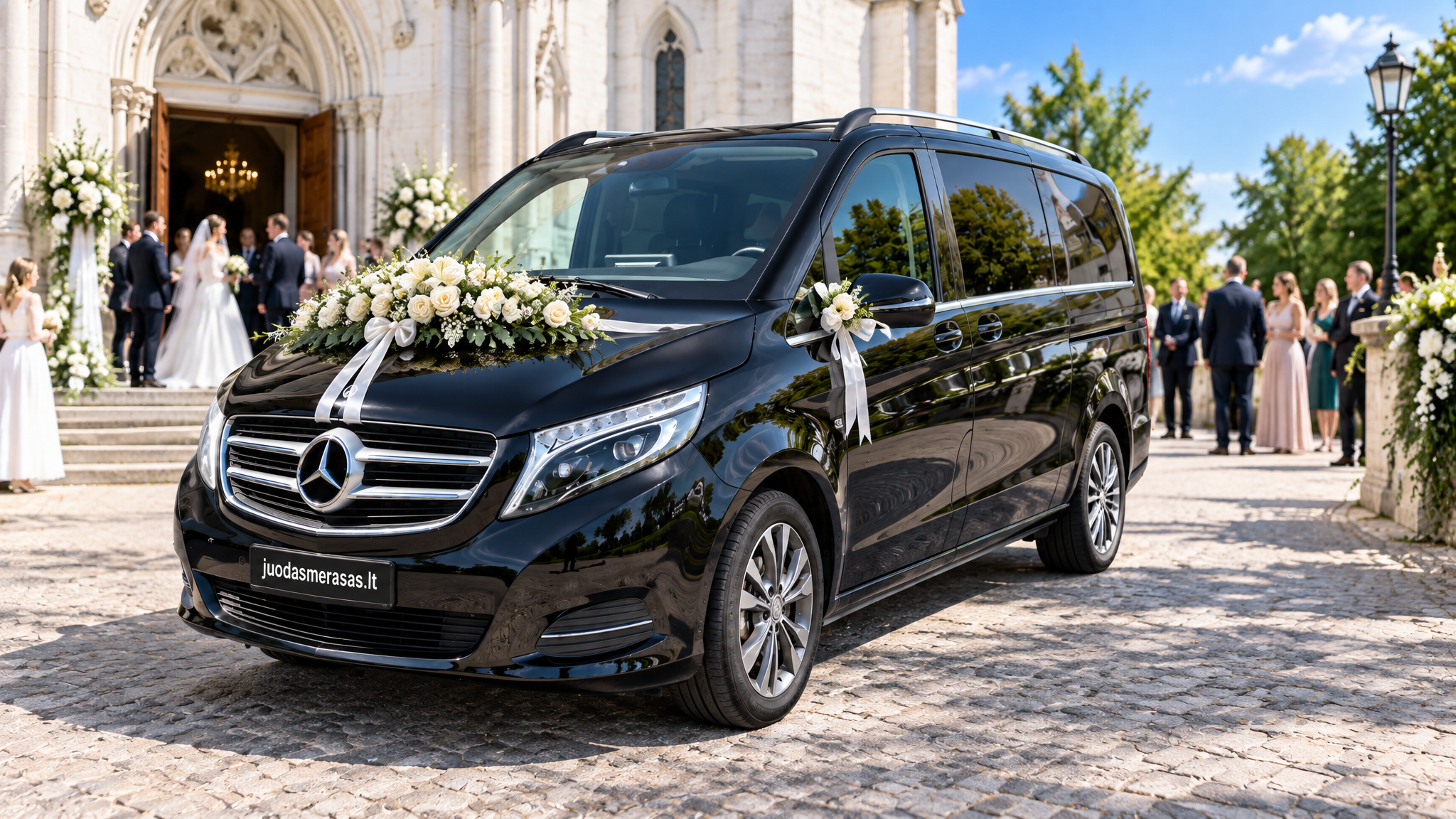 Juodas Mercedes-Benz V250 prie bažnyčios su vestuvių gėlių dekoracija